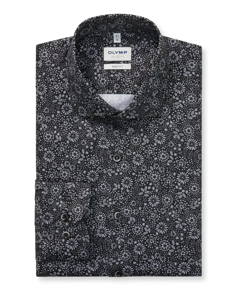 Olymp Level Five, Body Fit, Hemd mit floralem Print, Extralang in Schwarz