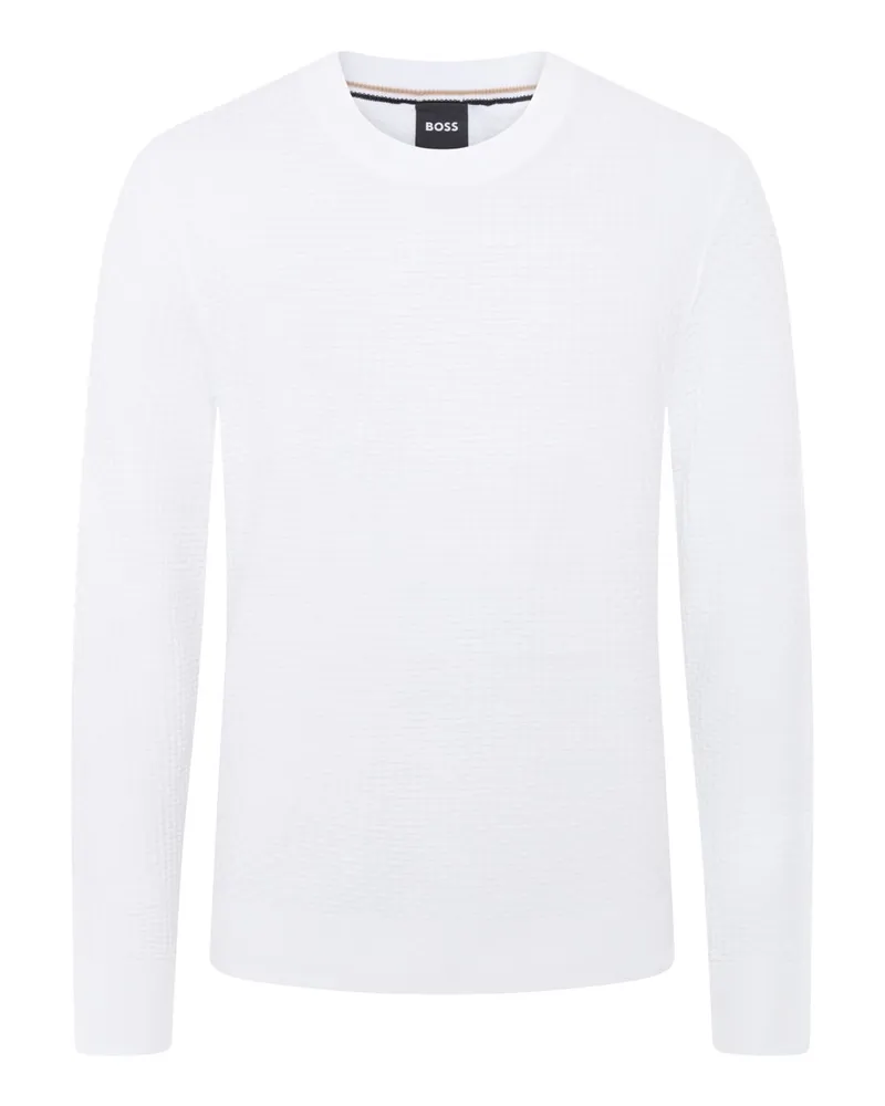HUGO BOSS Strukturierter Rundhalspullover aus Baumwolle in Weiß