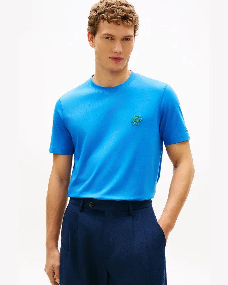 Tommy Hilfiger Glattes T-Shirt aus Baumwolle mit Monogramm-Stickerei, Regular Fit in Königsblau