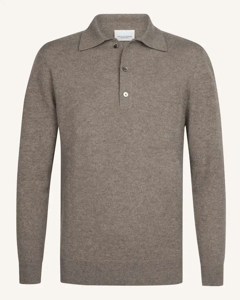 Profuomo Langarm-Strickpoloshirt aus Kaschmir mit Brusttasche in Hellbraun