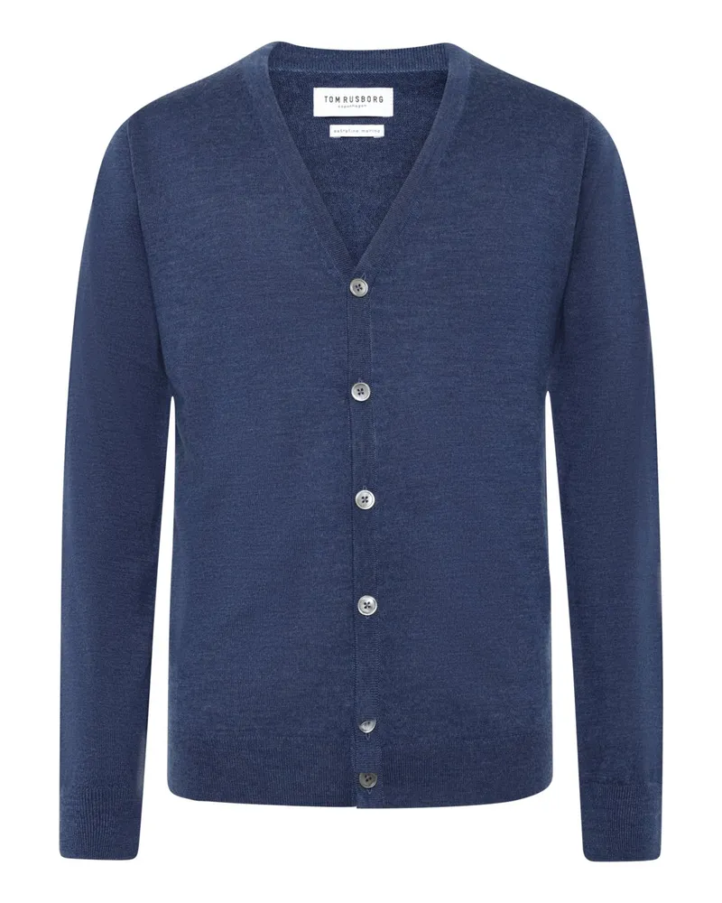 Tom Rusborg Leichte Strickjacke aus maschinenwaschbarer Merinowolle in Mittelblau