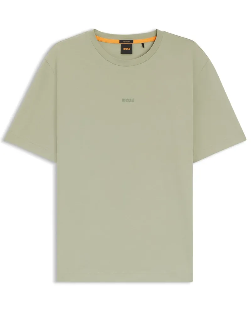 HUGO BOSS T-Shirt mit Stretch und gummiertem Label-Schriftzug in Schilf