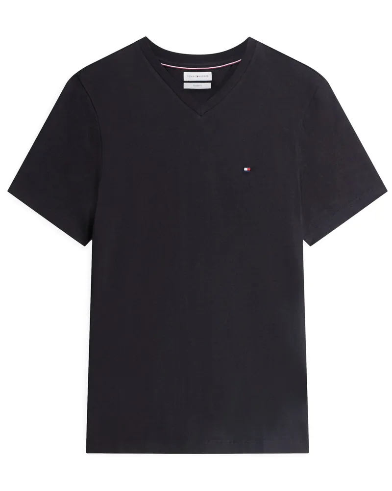 Tommy Hilfiger Softes T-Shirt mit V-Ausschnitt und kleiner Flag-Stickerei in Schwarz