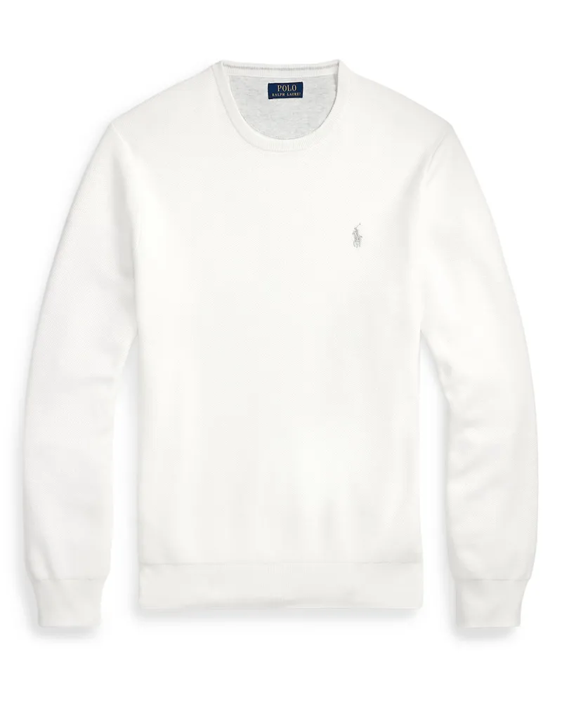 Ralph Lauren Leichter Rundhalspullover in Perlstrick mit Poloreiter-Stickerei in Weiß