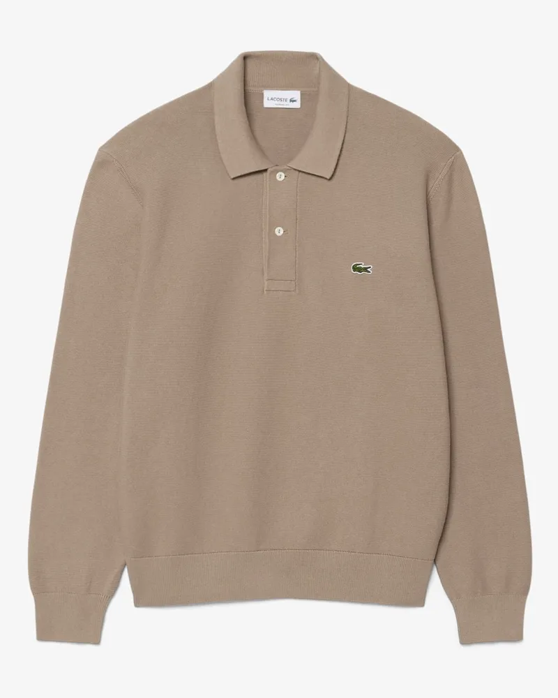 Lacoste Langarm-Poloshirt aus softem Baumwollstrick, Classic Fit in Beige