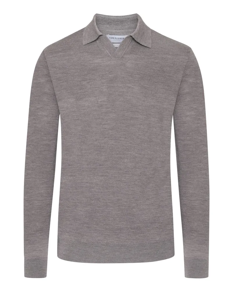Tom Rusborg Glattstrick-Langarmpoloshirt aus Merinowolle mit Variokragen in Braun