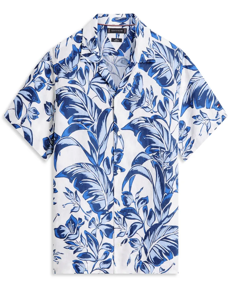 Tommy Hilfiger Leinen-Kurzarmhemd mit floralem Print und Resort-Kragen, Regular in Blau