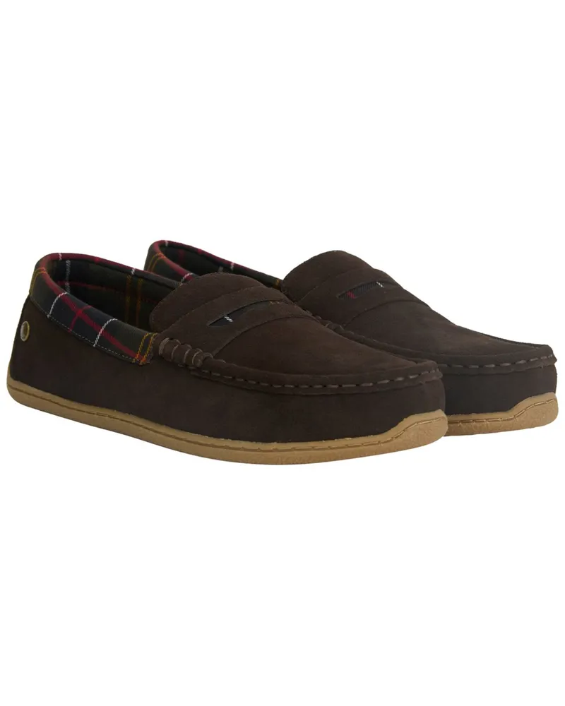 Barbour Haus-Slipper Albert aus Veloursleder mit Teddyfell-Futter in Braun