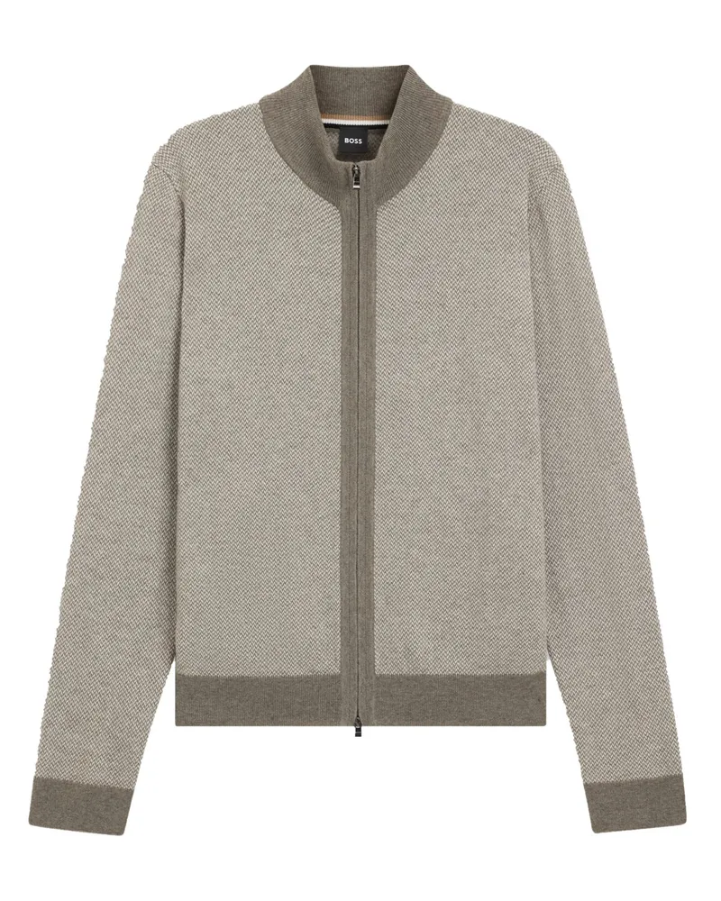 HUGO BOSS Strickjacke aus einem Wollgemisch mit Fischgrät-Muster in Beige