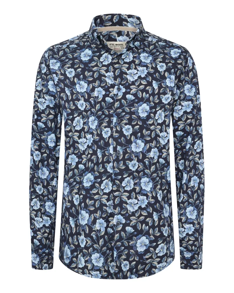 FIL NOIR Gemustertes Hemd aus Baumwolle mit Kentkragen, Shaped Fit in Blau