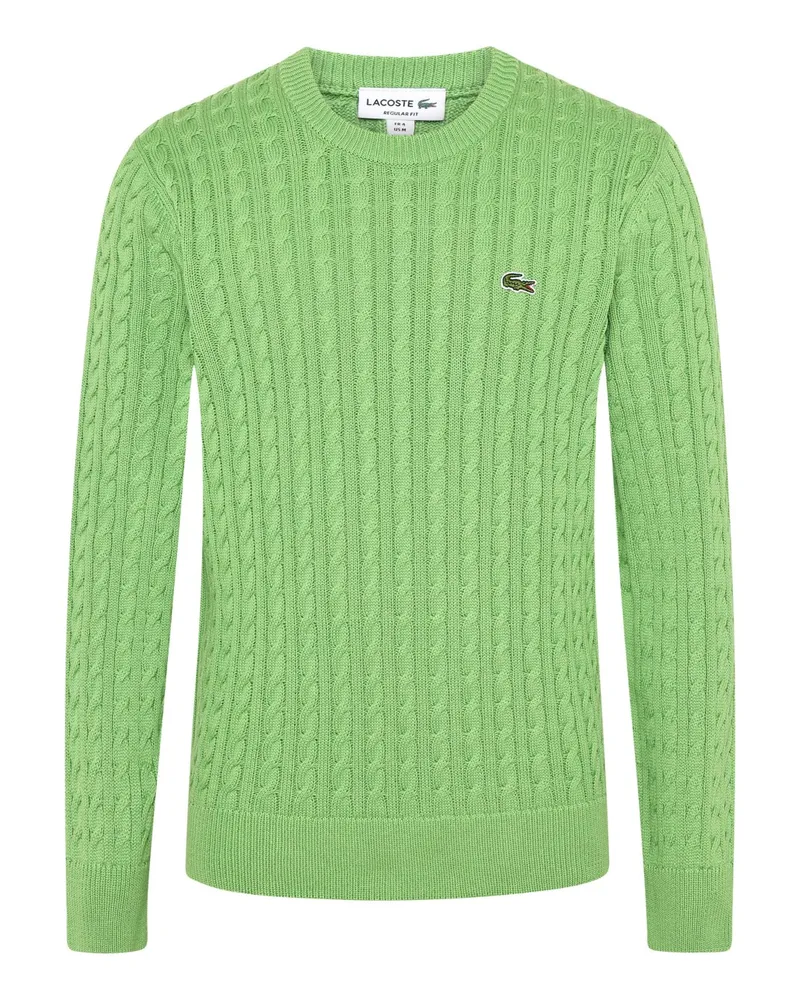 Lacoste Rundhalspullover in Zopfstrickmuster mit kleinem Krokodil-Aufnäher in Hellgrün