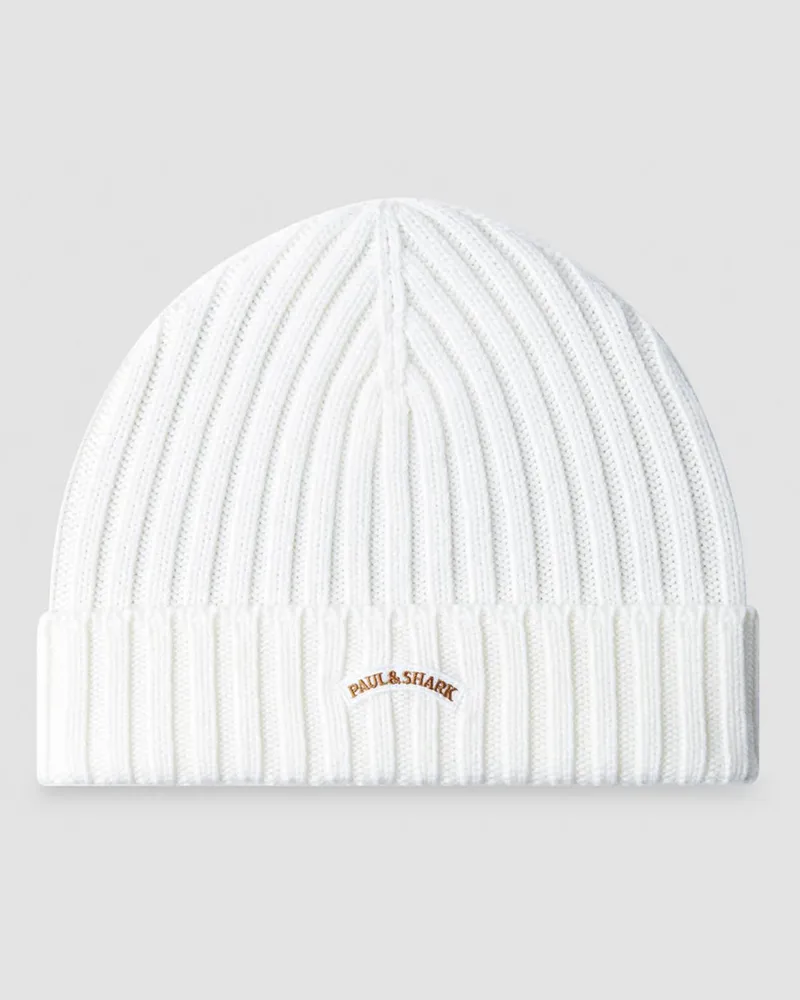Paul & Shark Strickmütze aus Schurwolle mit Label-Aufnäher in Offwhite