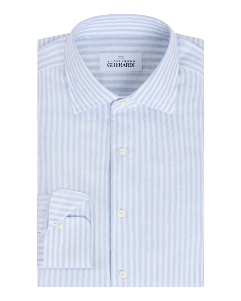 Alessandro Gherardi Gestreiftes Vollzwirn-Baumwollhemd mit Haifischkragen in Hellblau