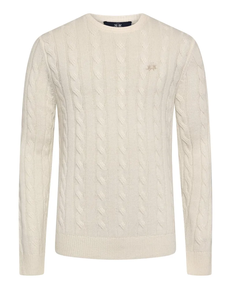 La Martina Softer Pullover aus Wolle und Kaschmir mit Zopfmuster in Offwhite