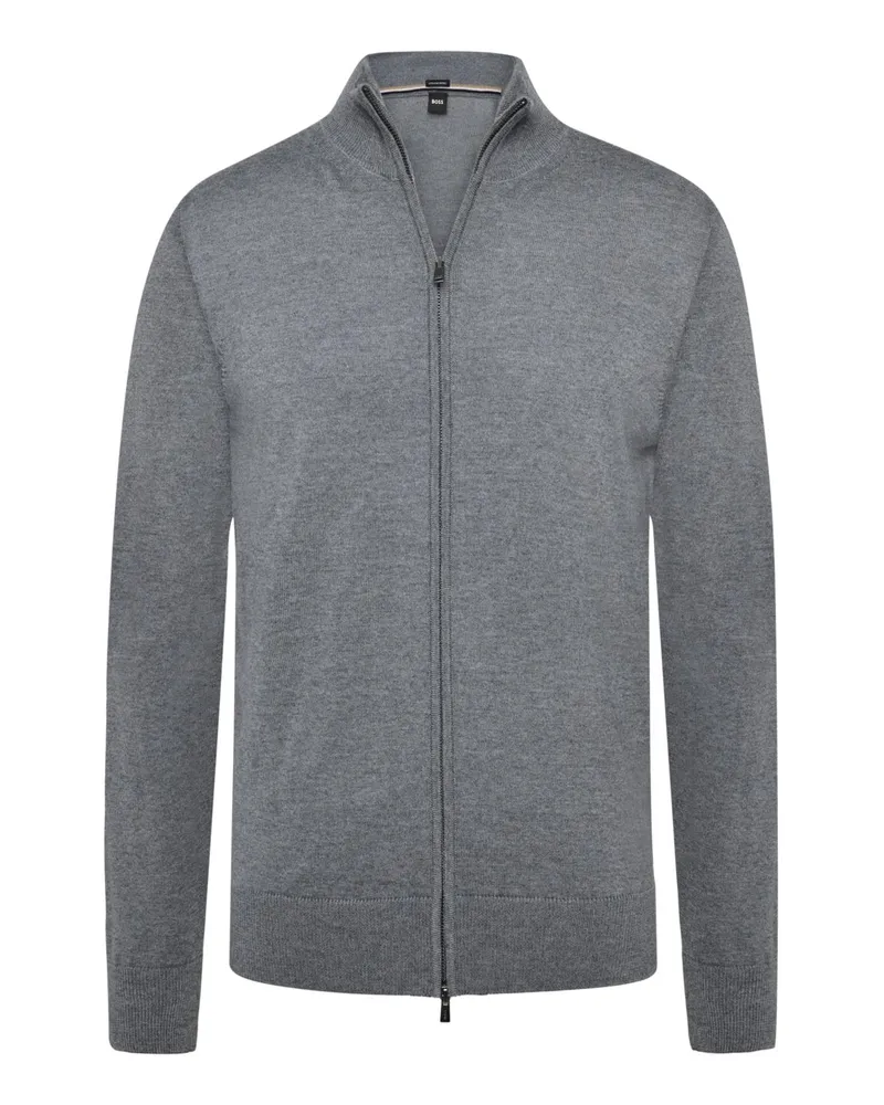 HUGO BOSS Leichte Glattstrickjacke aus Merinowolle mit Stehkragen und Zip in Grau