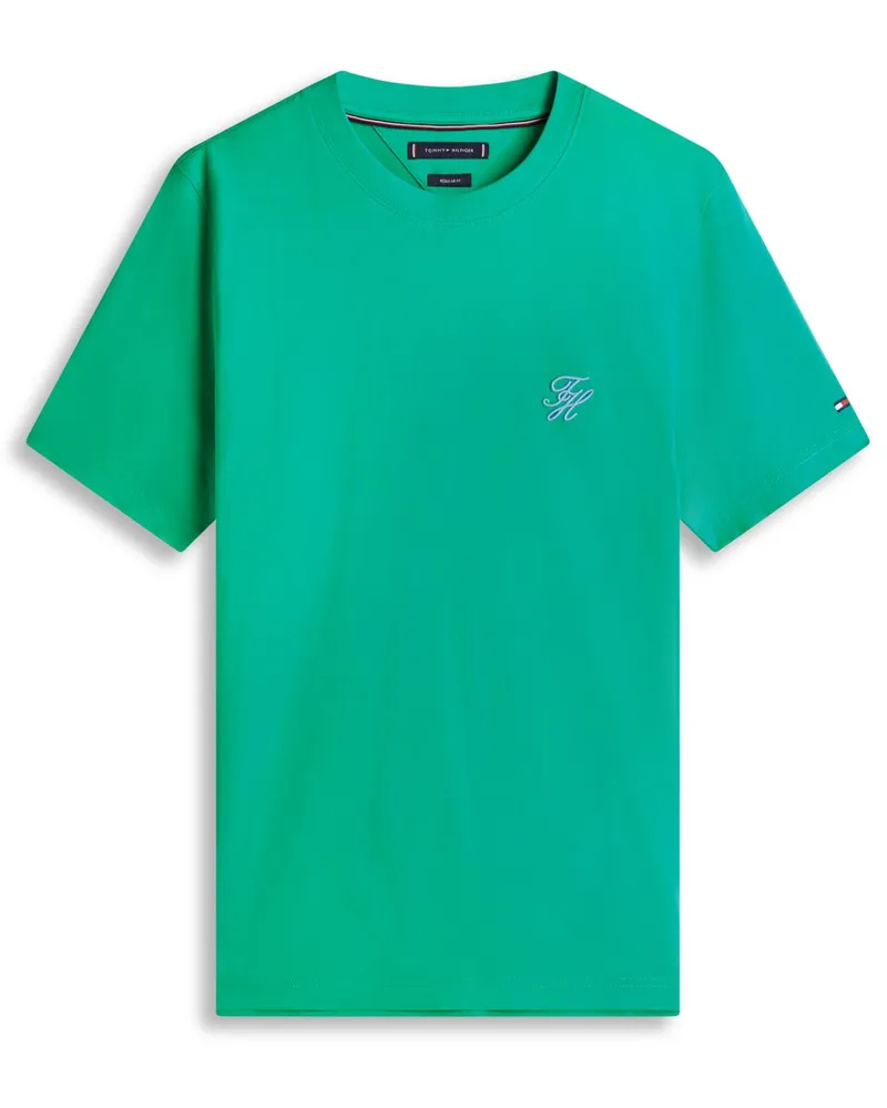 Tommy Hilfiger Glattes T-Shirt aus Baumwolle mit Monogramm-Stickerei, Regular Fit in Grün