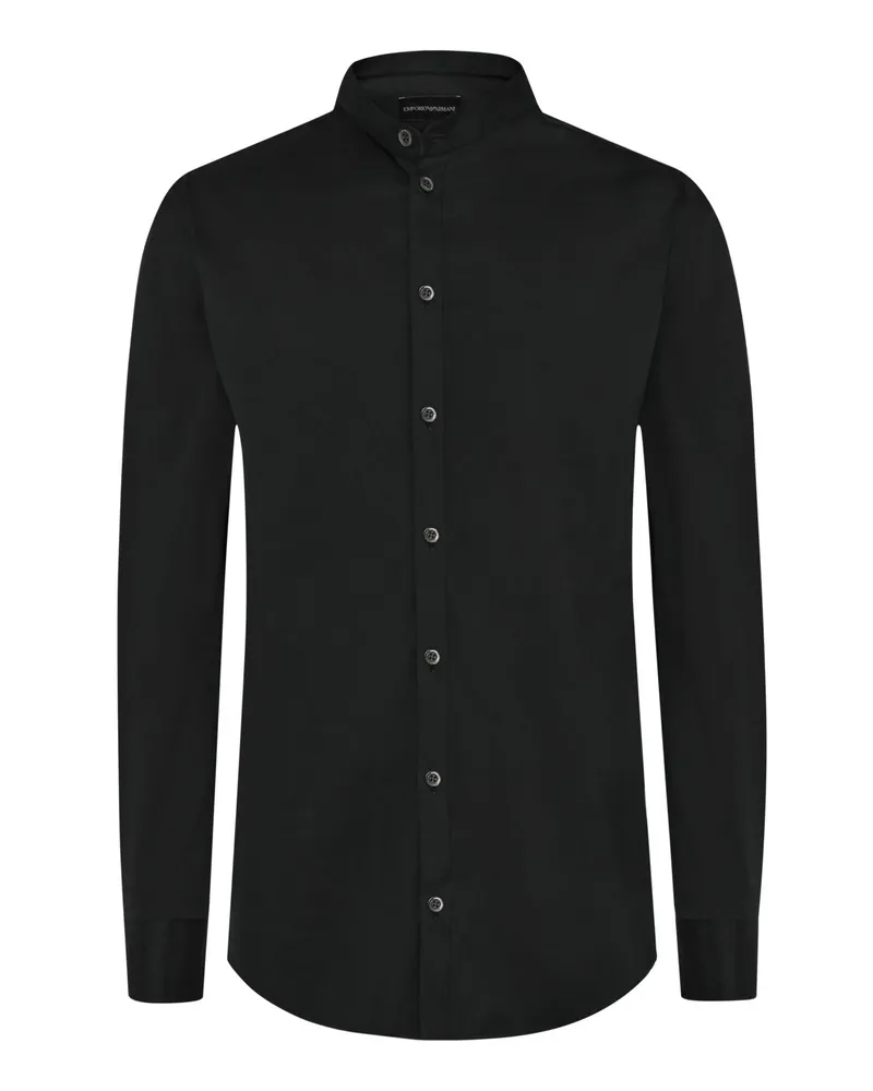 Emporio Armani Glattes Hemd aus einem elastischem Baumwoll-Mix mit Stehkragen in Schwarz