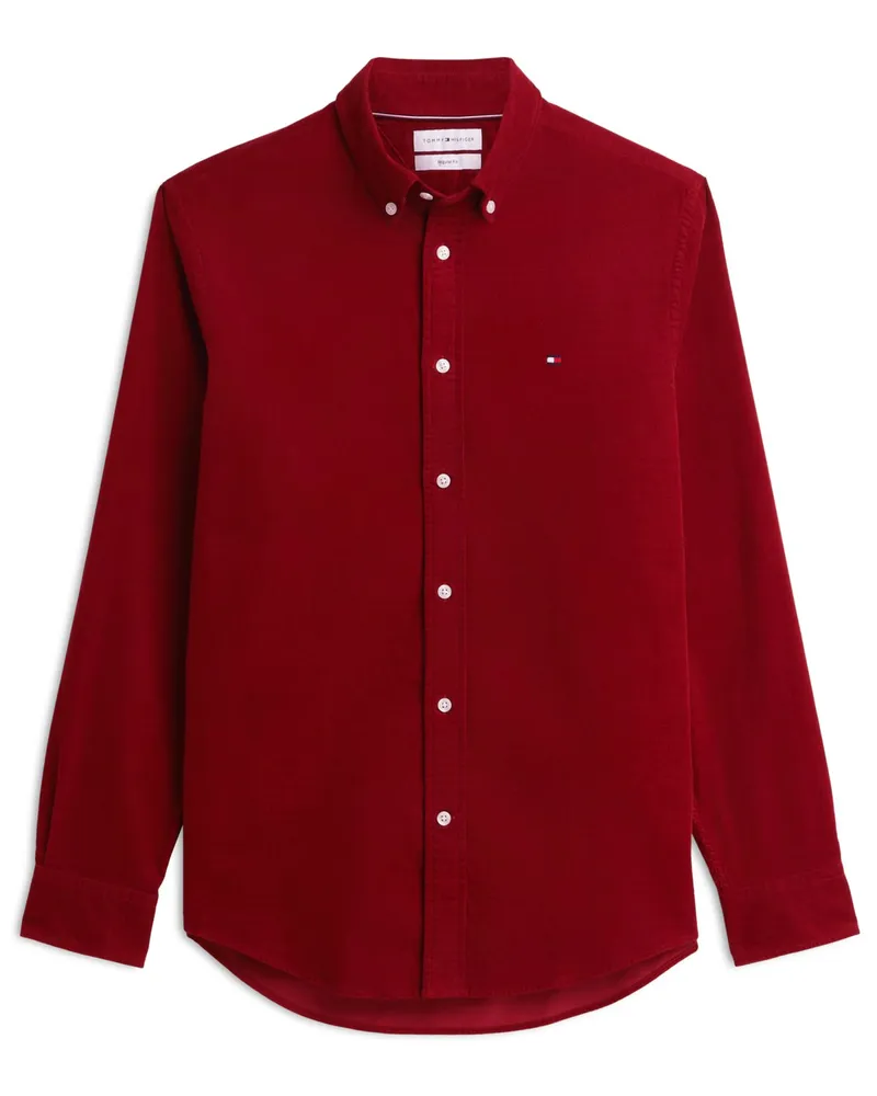 Tommy Hilfiger Unifarbenes Hemd aus Baumwollcord mit Logo-Flag, Regular Fit in Rot