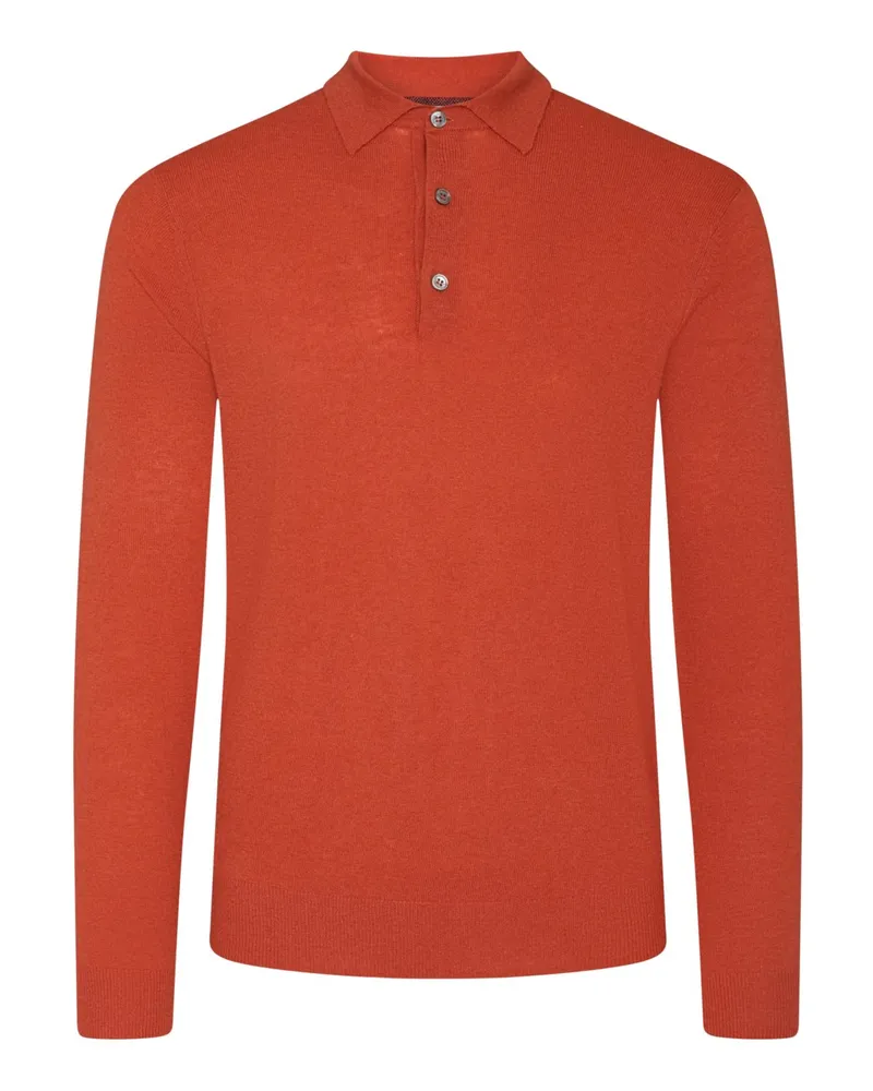 Tom Rusborg Glattstrick-Langarmpoloshirt aus Merinowolle mit Kaschmiranteil in Orange