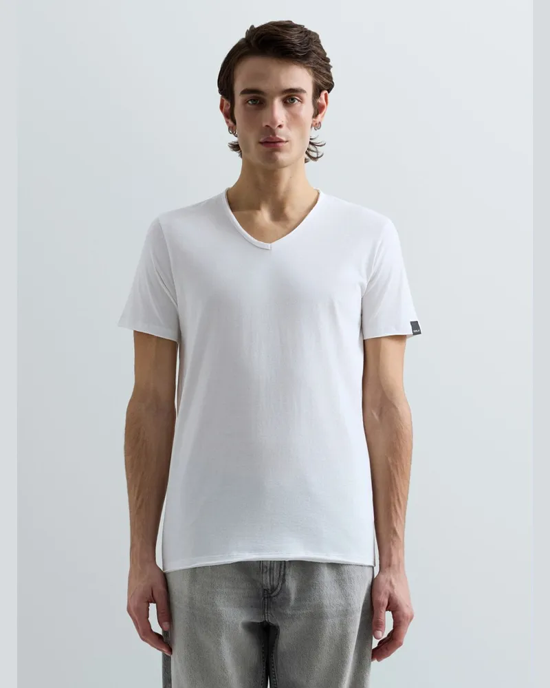 Replay T-Shirt mit V-Ausschnitt aus leichtem Baumwolljersey in Weiß
