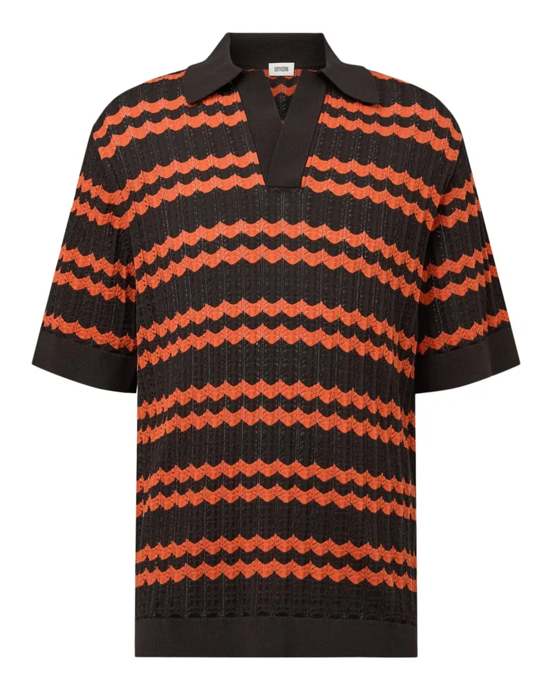 Drykorn Oversized Strick-Poloshirt mit Zick Zack-Jacquard und Variokragen in Dunkelbraun