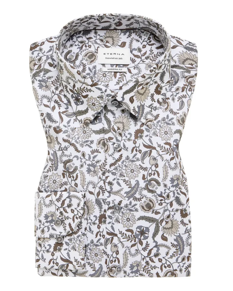 Eterna Bügelfreies Baumwollhemd mit floralem Print, Modern Fit in Weiß