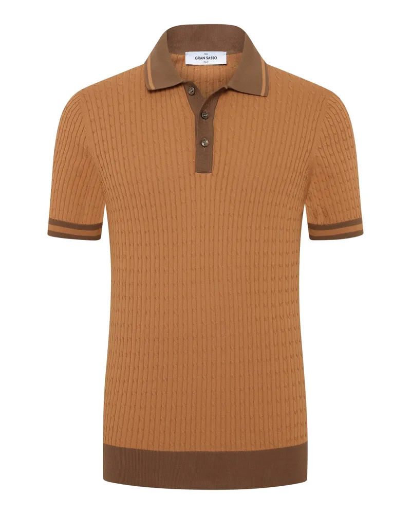 Gran Sasso Feinstrick-Poloshirt mit Zopfmuster und Kontraststreifen in Orange