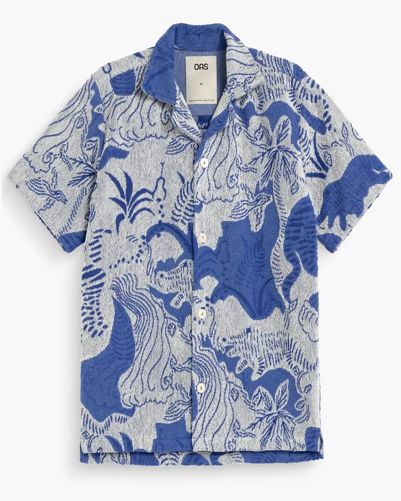 OAS Gemustertes Leinen-Kurzarmhemd mit Resort-Kragen in Königsblau