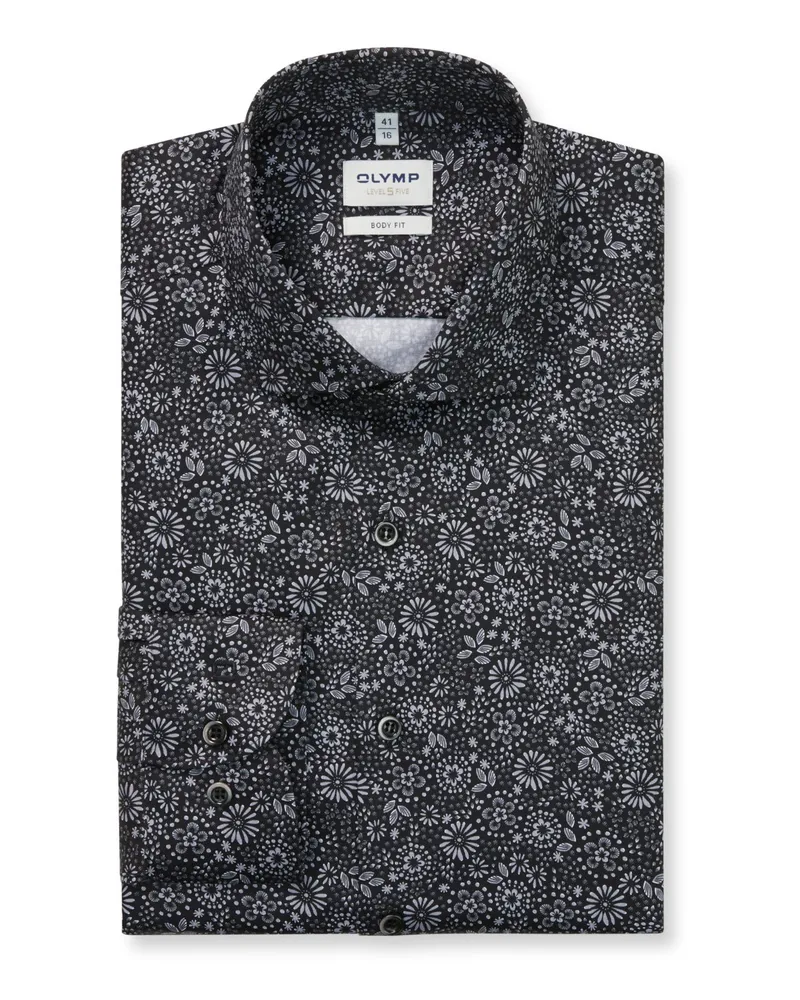 Olymp Level Five, Body Fit, Baumwollhemd mit floralem Print in Schwarz