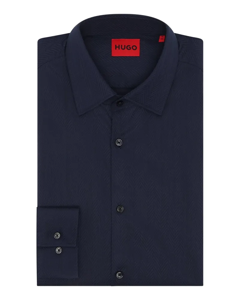 HUGO BOSS Unifarbenes Baumwollhemd mit Fischgrätenstruktur, Slim Fit in Marine
