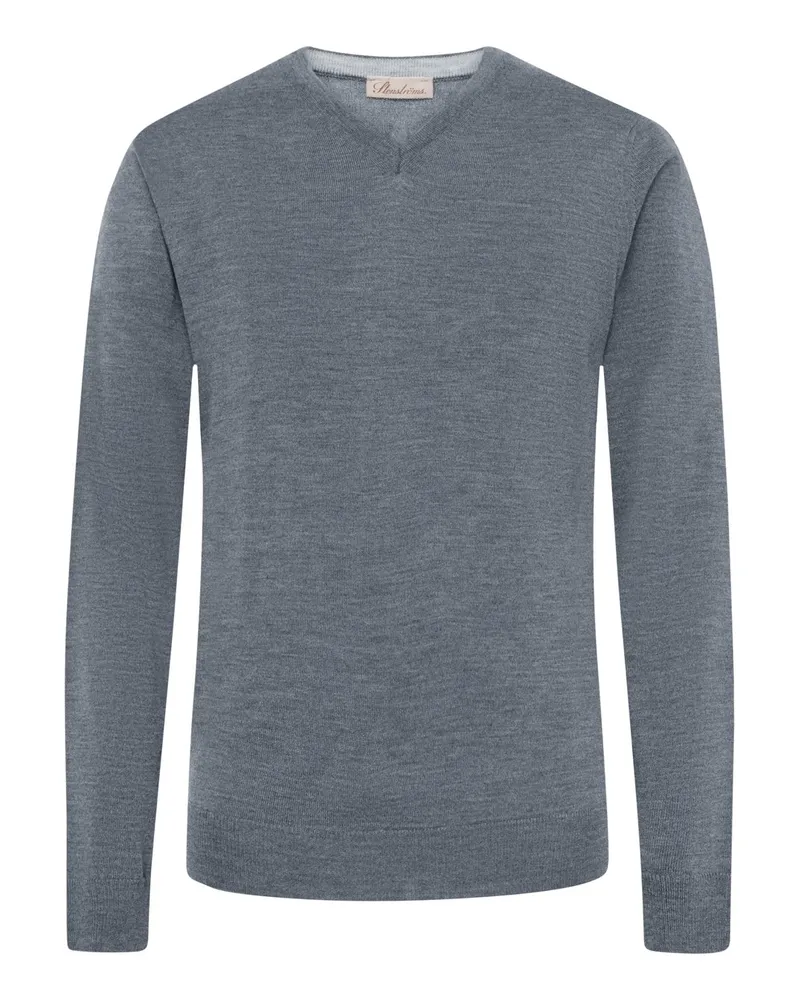Stenströms Softer Pullover aus Merinowolle mit V-Ausschnitt und Ellenbogen-Patches in Grau