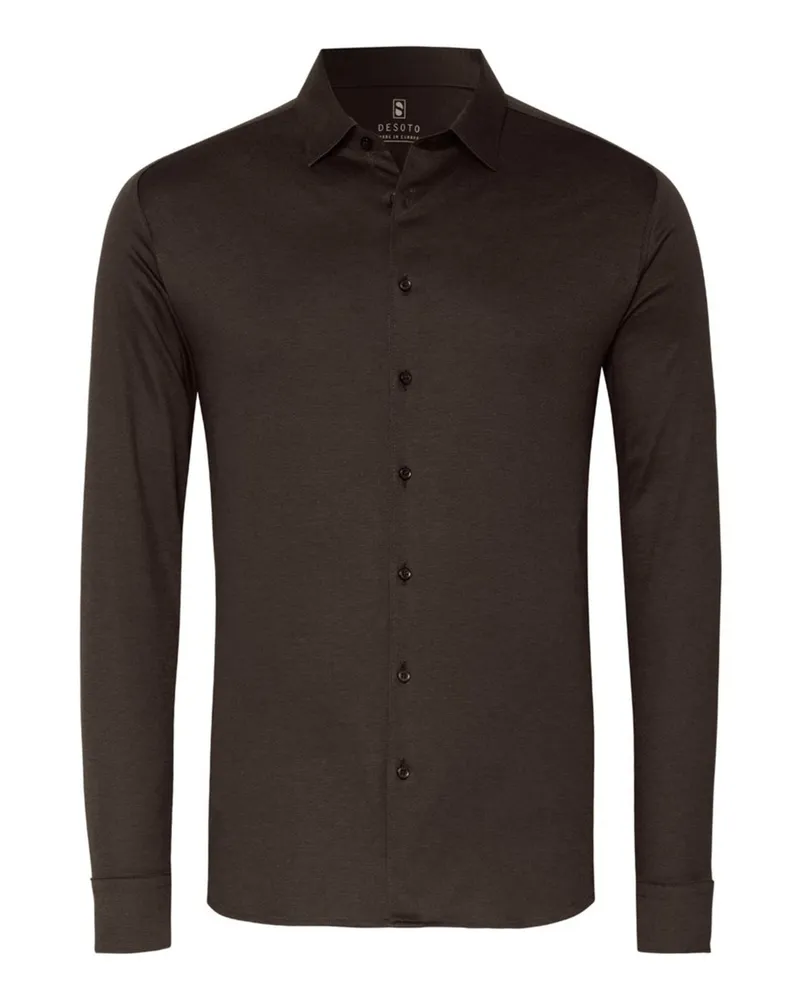 DESOTO Unifarbenes Jersey-Hemd Casual Kent, Slim in Braun