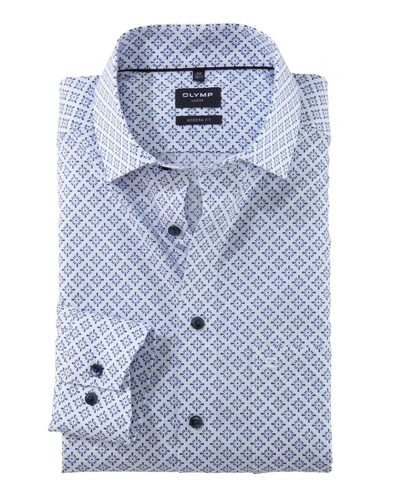 Olymp Luxor, Modern Fit, bügelfreies Hemd mit geometrischem Print in Blau
