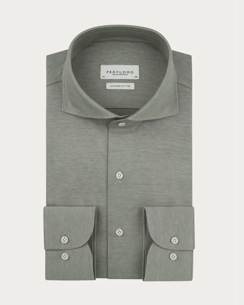 Profuomo Japanese Knitted Hemd mit Haifischkragen, Slim Fit in Grün