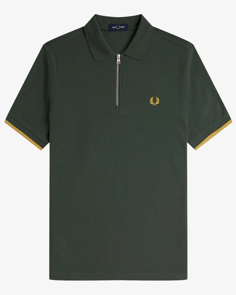 Fred Perry Poloshirt in Mesh-Qualität mit Zip und Streifenakzenten in Oliv