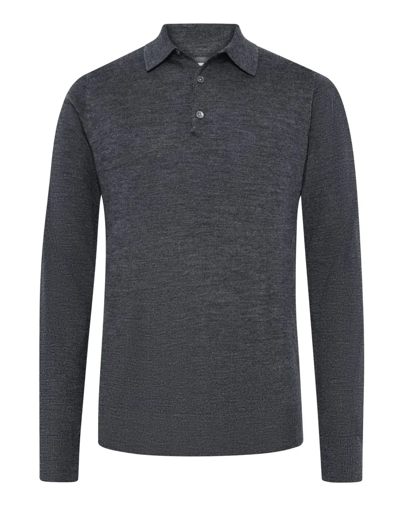 Tom Rusborg Glattstrick-Langarmpoloshirt aus extrafeiner Merinowolle in Anthrazit