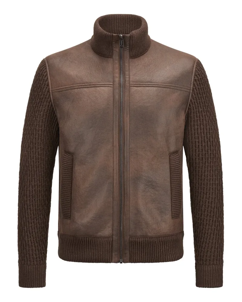 Milestone Hybride Strickjacke in Leder-Optik mit Stehkragen in Dunkelbraun