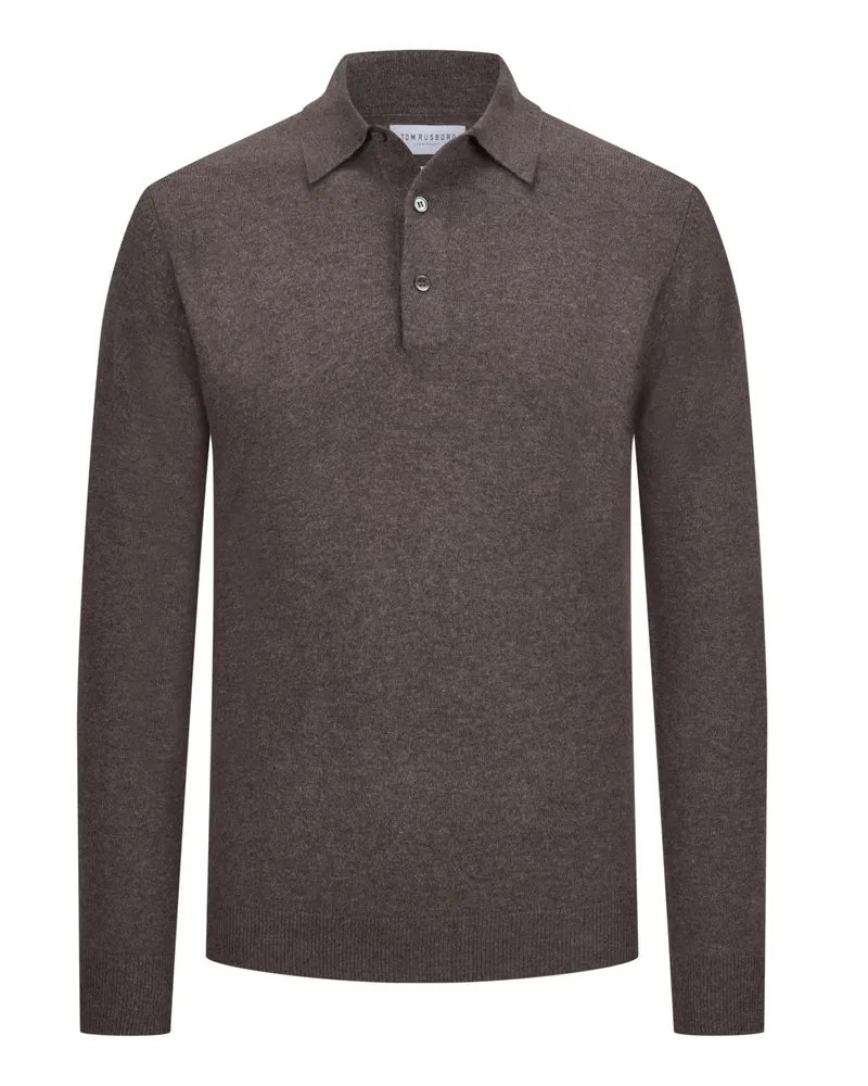 Tom Rusborg Glattstrick-Langarmpoloshirt aus Kaschmir in Braun