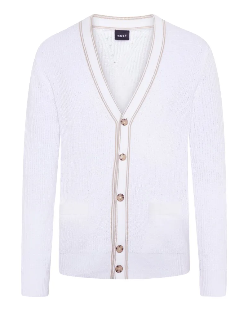 HUGO BOSS Softe Strickjacke aus einem Baumwoll-Mix mit V-Ausschnitt in Weiß