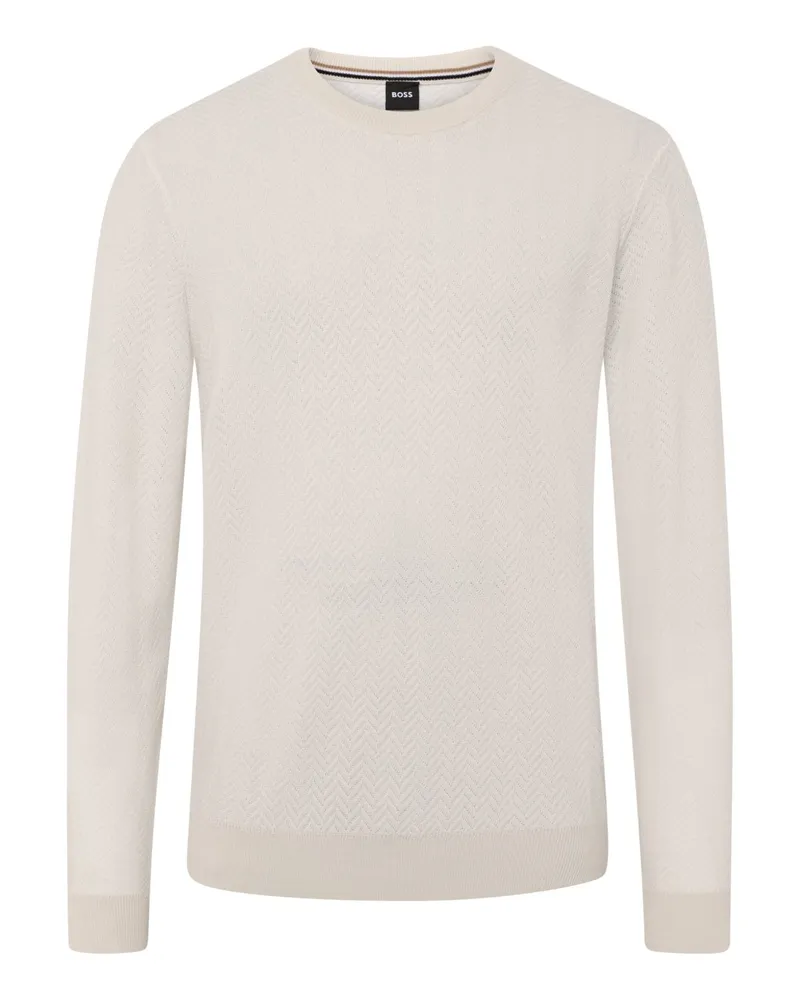 HUGO BOSS Softer Pullover mit O-Neck und Fischgrätstruktur in Offwhite