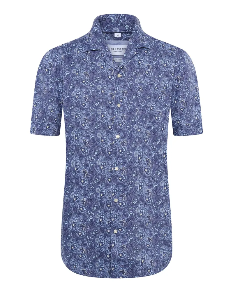 Tom Rusborg Leinenkurzarmhemd mit Paisley-Muster und Resort-Kragen in Blau
