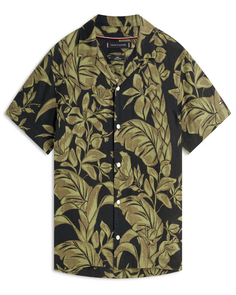 Tommy Hilfiger Leinen-Kurzarmhemd mit floralem Print und Resort-Kragen, Regular in Oliv