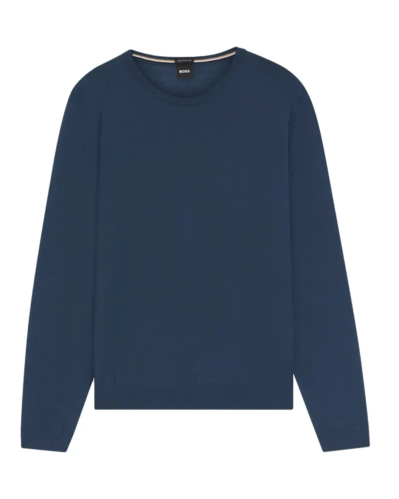 HUGO BOSS Rundhals-Pullover aus leichtem Schurwollstrick in Mittelblau