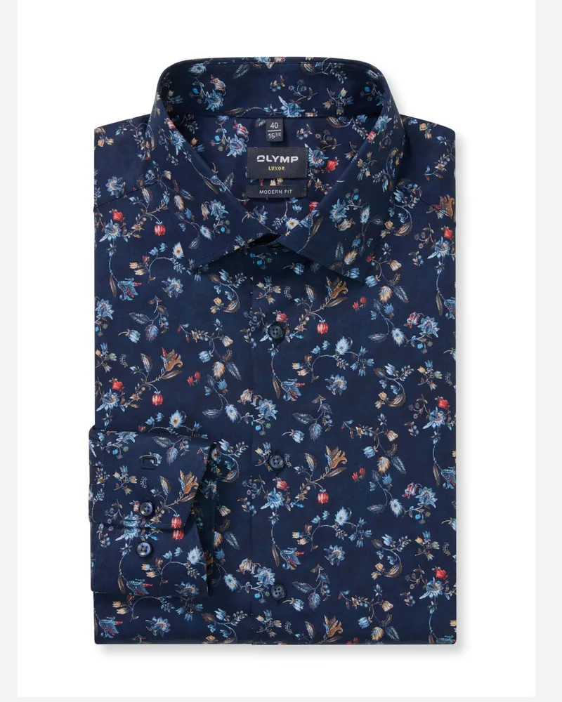 Olymp Luxor, Modern Fit, Baumwollhemd mit floralem Print in Marine