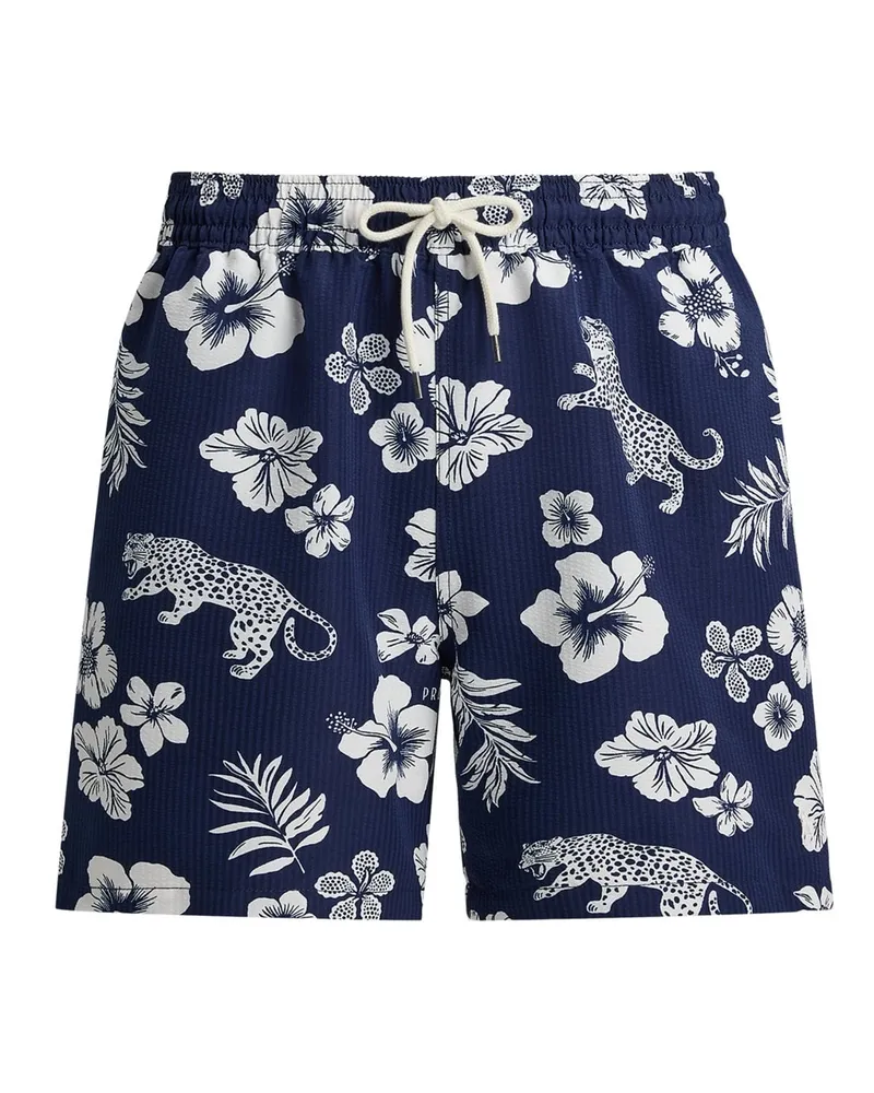 Ralph Lauren Seersucker-Badehose mit floralem Print und Jaguar-Motiv in Marine