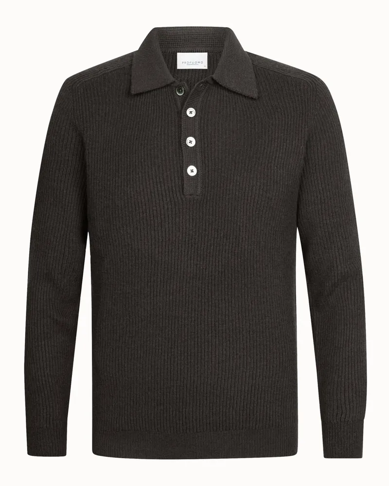 Profuomo Grobstrick Langarm Poloshirt mit Rippstruktur und Perlmuttknöpfen in Dunkelbraun