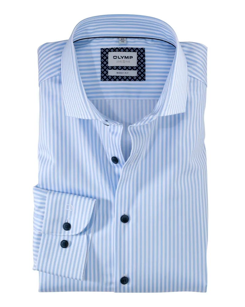 Olymp Level Five, Body Fit, Gestreiftes Hemd mit Stretch und extralangem Arm in Hellblau