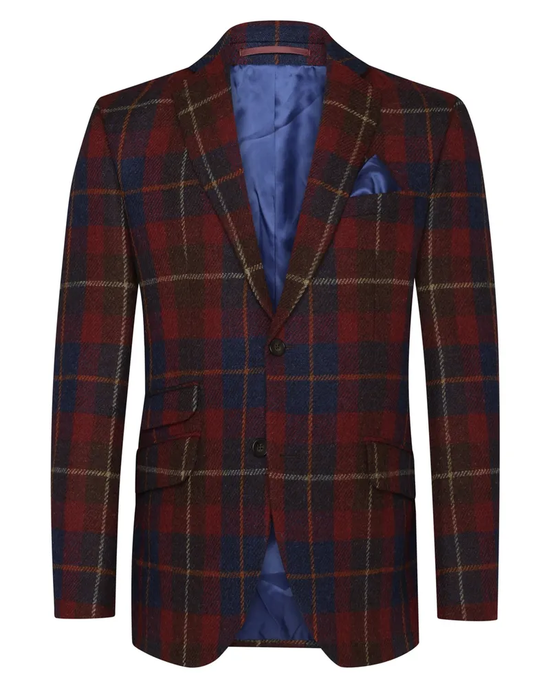 Wellington of Bilmore Kariertes Harris Tweed-Sakko London mit Ellenbogenpatches in Bordeaux