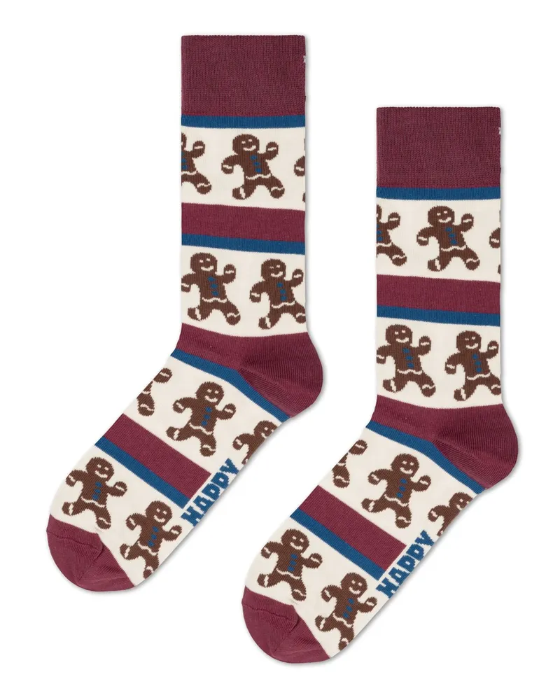 Happy Socks Gestreifte Socken mit Lebkuchenmann-Motiven in Rot