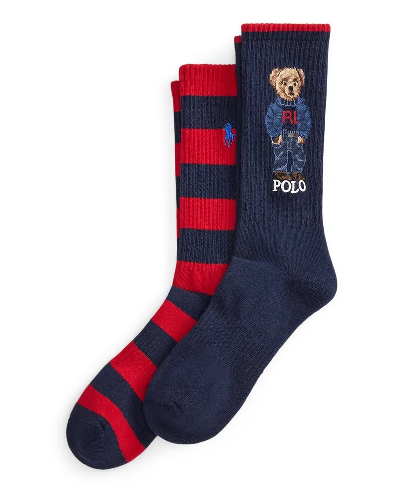 Ralph Lauren 2er Pack wadenhohe Socken mit Polo Bear und Streifenmuster in Marine